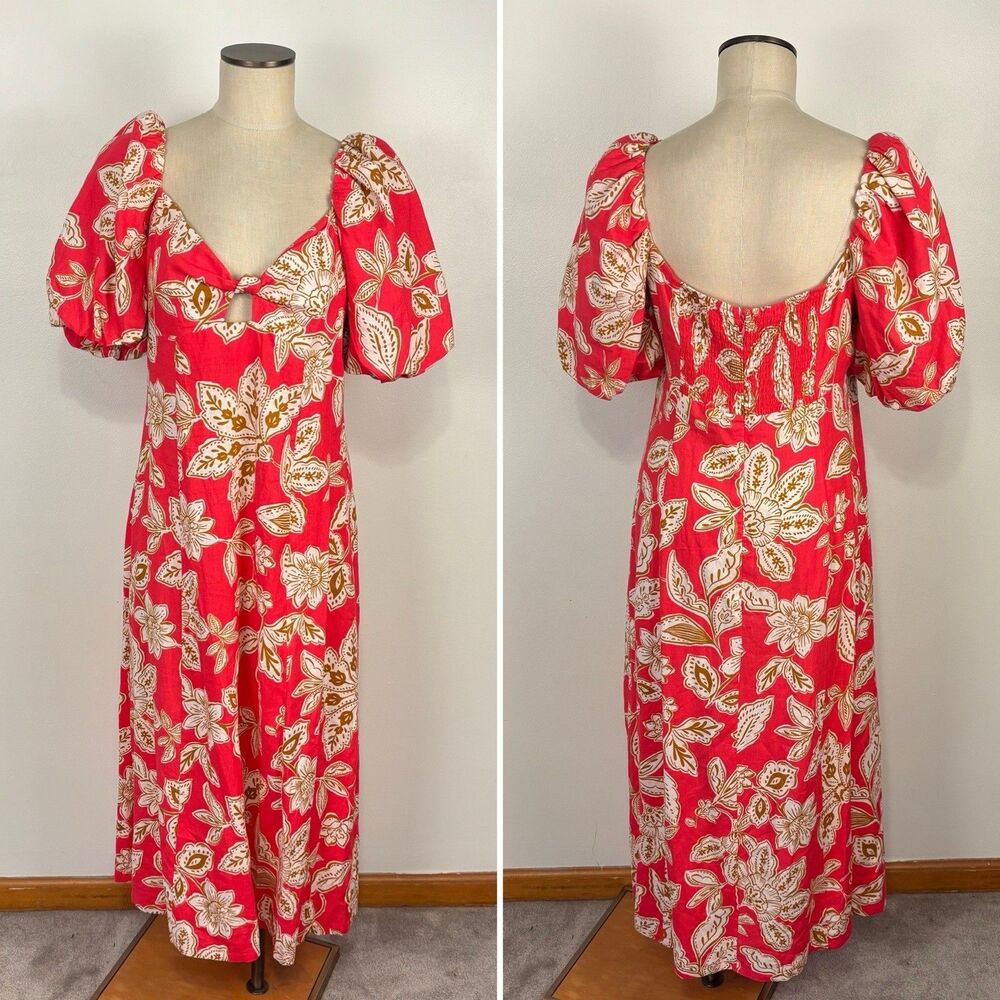Floral Print Short Puff Sleeve Sweetheart Neck Knot Front Cut Out Midi Dress L